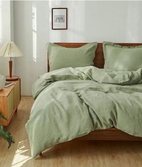 Sage Green Comforter Bedroom, California Modern Bedroom, Green Bedding Ideas, Sage Bedding, Dc Apartment, Bedroom Revamp, Green Duvet Cover, Bedroom Neutral, Washed Linen Duvet Cover