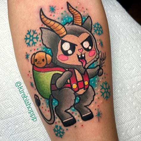 Krampus Tattoo Design, Gingerbread Tattoo, Krampus Tattoo, Holiday Tattoos, Christmas Pinata, Sarah Tattoo, Christmas Tattoos, Austin Tattoo, Winter Tattoo