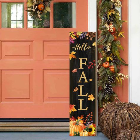 PRICES MAY VARY. Falltime Charm: Our fall porch signs come with large "Hello FALL" letters stenciled on it, are delicately designed with wooden background, well printed with maple leaves, sunflowers, pumpkins patterns, which conveys a warm and wonderful atmosphere for your party. Quality Material: Made of high-quality wood, this wooden vertical sign is reliable and sturdy, suitable for indoor and outdoor use. If displayed outdoors, please protect this hanging sign from adverse weather conditions Merry Christmas Welcome Sign, Fall Front Stoop Decor, Fall Outdoor Signs, Fall Welcome Signs For Porch, Fall Displays Outdoor, Fall Welcome Sign Front Door, Fall Outdoor Decor Front Porch, Fall Porch Signs, Stoop Decor