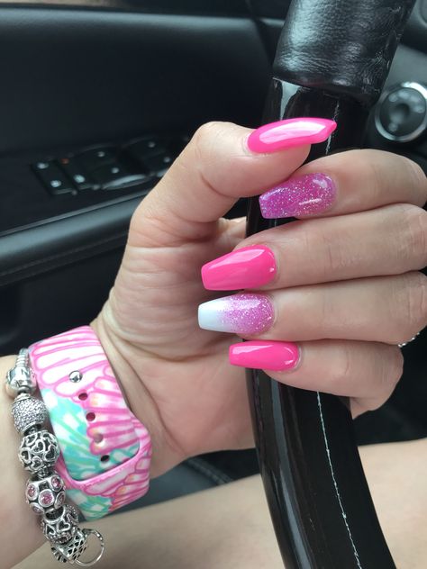 Finally 😌 Barbie Nail Ideas Short, Barbie Pink Nails With Glitter, Barbie Nail Ideas, Pink Nails With Glitter Accent, Anc Nails, Nails With Glitter Accent, Pink Nails With Glitter, Nail Ideas Short, Acrylic Nails Short