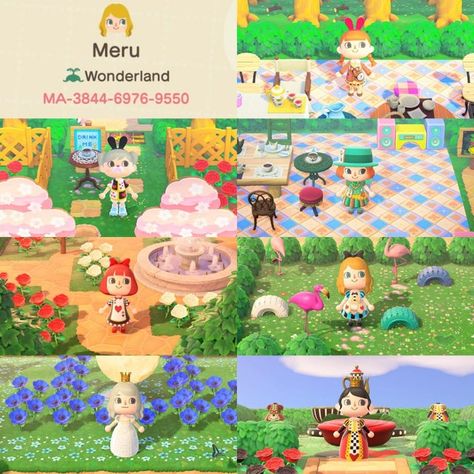 If you love Alice in Wonderland as much as I do...Hope you like it, I'm no pro at designing but I'm happy with the result :) - ACQR Animal Crossing Qr Codes, Animal Crossing Wild World, Animal Crossing Characters, Alice In Wonderland Theme, Acnh Inspo, New Animal Crossing, Animal Crossing Game, Island Ideas, Cute Games