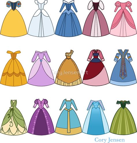 Dream Dresses by CoryJensenArt Princess Dress Drawing, Deco Disney, Princess Paper Dolls, Princess Cookies, Princess Theme Birthday, Disney Emoji, Disney Princess Birthday, Disney Princess Images, Princess Drawings