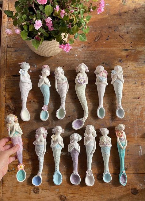 Clay mermaid spoons underglazed by Lindy Longhurst Clay Mermaid, Mermaid Sculpture, Artist Aesthetic, Ceramic Spoons, Art And Illustration, Cold Porcelain, Australian Artists, Hand Built, Ceramic Sculpture