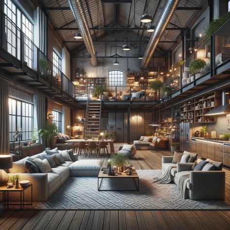 Who said a warehouse couldn’t be cosy? 😍 #cosy #warehouse #cosywarehouse Two Story Warehouse, Warehouse Style Apartment, Steampunk Warehouse, Warehouse Layout Floor Plans, Wearhouse Home, Loft Apartment Exterior, Warehouse Home Converted, Aesthetic Warehouse, Small Warehouse Design