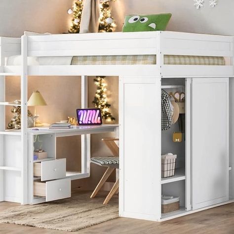 Wood Full Size Loft Bed with Wardrobes and 2-Drawer Desk with Cabinet - Bed Bath & Beyond - 40492509 Bedroom Layouts Ideas, Queen Loft Bed Ideas, Desk In Front Of Bed, Under Loft Bed Ideas Teenager, Aesthetic Room Anime, Loft Bed Aesthetic Room, Loft Bed Aesthetic, Desk Under Bed, Small Teenage Bedroom