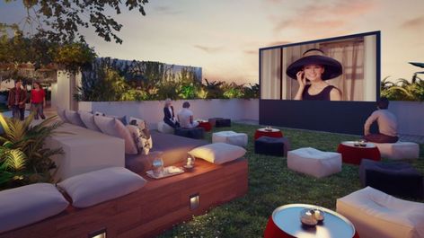 Sydney apartment rooftops no longer tiles and aerials – now cinemas and pools Rooftop Room, Rooftop Bar Design, Apartment Rooftop, Sydney Apartment, Rooftop Balcony, Rooftop Cinema, Sydney Skyline, Top Movie, Movie Theatre