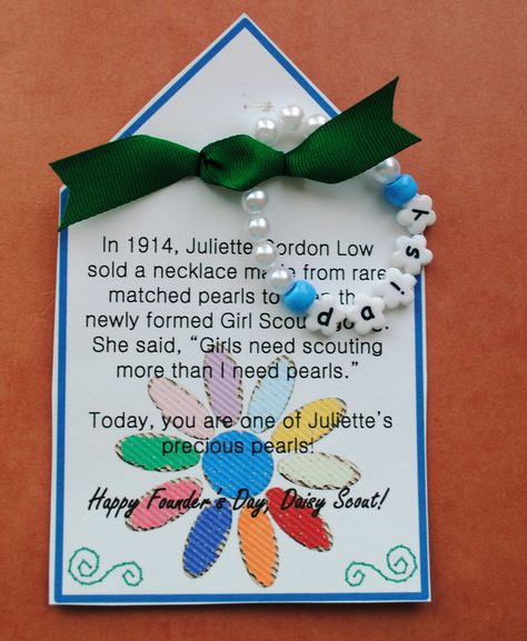 Girl Scout Daisy Founders Day ... given at Founders Day.  Wear pearls as bracelet or hang on backpack. Girl Scout Daisy Petals, Girl Scout Daisy Activities, Girl Scout Meeting Ideas, Girl Scout Gifts, Girl Scout Mom, Girl Scout Bridging, Girl Scout Troop Leader, Brownie Girl Scout, Ball Dance