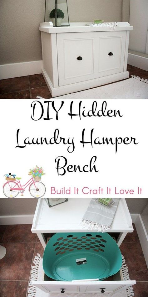 Does your family struggle with getting clothes to the laundry room each night as everyone takes baths? Well, this plan is for you! A cute little bench to sit on while waiting or dressing, and hidden inside is a laundry basket perfect for storing dirty clothes until you round them up on laundry day! Discover hundreds more DIY ideas + how-to videos at buildsomething.com! Hidden Laundry Basket, Build Your Own Garage, Woodworking Plans Patterns, Free Woodworking Project Plans, Hidden Laundry, Wood Crafting Tools, Woodworking Patterns, Diy Laundry, Woodworking Workbench