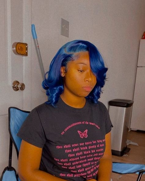 New Orleans, louisiana on Instagram: “Blue frontal bob wig install with cut and style 💙🦋🔥 Hair from @thehairkingpin_” Blue Bob Hairstyles, Bob Wig Install, Blue Bob Wig, Summer Wigs, Frontal Bob Wig, Frontal Bob, Sew In Wig, Blue Bob, Lace Fronts