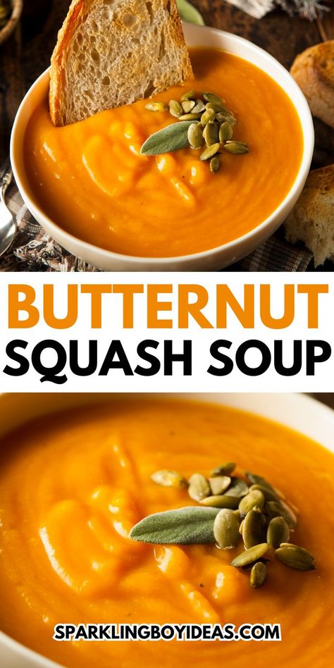 Savor the warmth of fall with our homemade butternut squash soup recipe! Discover a creamy and comforting squash soup recipe that's both healthy and vegan. Roast the squash for an added depth of flavor or opt for an easy version. Spice things up with a spicy, curried, or ginger-infused twist. Whether you're using an Instant Pot or a slow cooker, our fall soup with cinnamon and nutmeg will delight your taste buds. Enjoy a dairy-free and gluten-free soup that's perfect for cozy autumn evenings. Squash Recipes Thanksgiving, Carrot Butternut Squash Soup, Recipe Butternut Squash, Best Butternut Squash Soup, Savory Butternut Squash, Butternut Squash Casserole, Vegan Butternut Squash Soup, Frozen Butternut Squash, Easy Butternut Squash