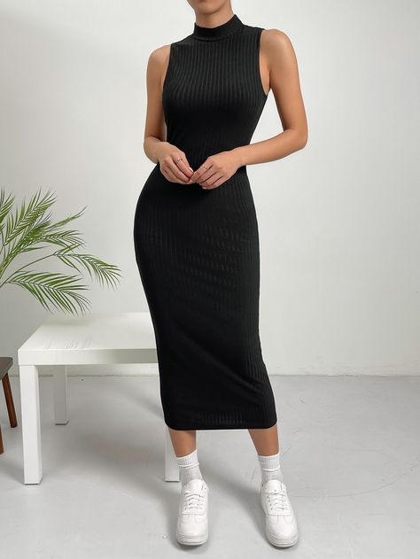 Black Elegant Collar Sleeveless Knitted Fabric Plain Tank Embellished Slight Stretch  Women Clothing Ribbed Dress Outfit, Black Knitted Dress, Dresses With Tennis Shoes, Vestidos Sport, Singlet Dress, Ribbed Knit Bodycon Dress, Knit Bodycon Dress, Basic Black Dress, Sleeveless Sweater Dress