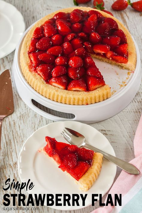 A strawberry tart with a light sponge base. This Simple Strawberry Flan recipe is super quick and easy but such a beautiful treat. The perfect Summer dessert #sugarsaltmagic #strawberrytart #summerdesserts #strawberryflan #strawberryrecipes #strawberrydesserts Flan Cakes, Flan Tart, Strawberry Flan, Magic Salt, Dessert Tarts, Fruit Flan, Strawberry Sugar, Strawberry Aesthetic, Flan Cake