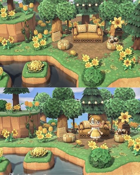 Cottagecore inspiration posts (not mine Pinterest) Acnh House Plot Size, Animal Crossing Ideas Outside, Acnh Area Inspiration, Acnh Awkward Spaces, Acnh Seating Area Ideas, Acnh Outdoor Seating Area, Small Area Acnh, Acnh Enterance Idea Simple, Acnh Space Fillers Elegant