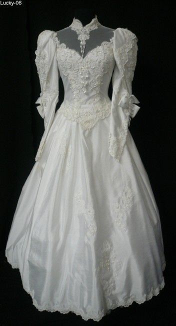 wedding dress hopefully. something with coverage so I don't have to add anything to her arms: Wedding Dresses 80s, 1980s Wedding Dress, Antique Wedding Gown, Wedding Gown With Sleeves, Gown With Sleeves, 1980s Wedding, 70s Wedding Dress, 2nd Wedding Dresses, Victorian Wedding Dress