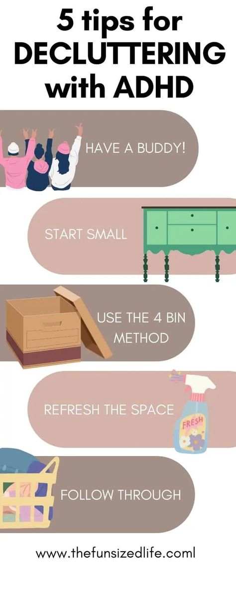 5 Steps to Declutter Your Space When You Have ADHD Organize And Declutter, Declutter Home, Declutter Challenge, Clutter Organization, Clear Negative Energy, Home Inspo, Organize Declutter, Fun Sized, Declutter Your Home