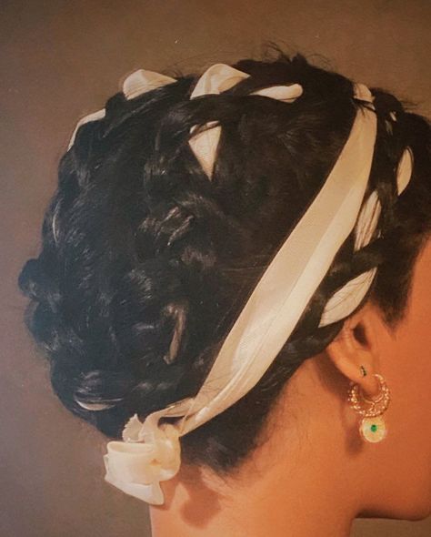 braids braid braidstyles braidedhair milkmaid ribbon earrings gold Ribbon Braids Mexican, Bridal Milkmaid Braid, Milkmaid Braid With Ribbon, Milkmaid Braid Black Women, Mexican Braided Hairstyles, Milkmaid Bun, Milkmaid Hair, Ribbon In Braid, Mexican Braids With Ribbon