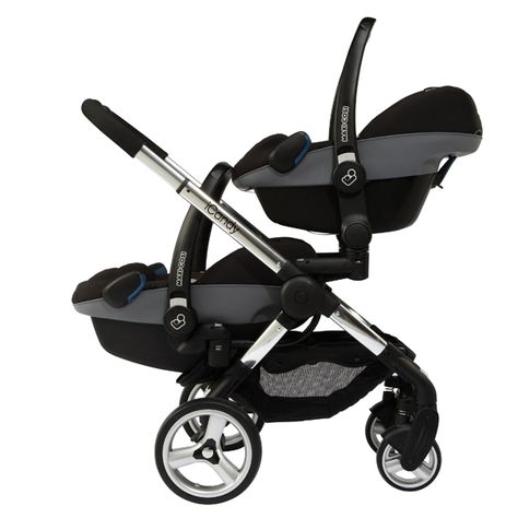 Peach Blossom Twin 2 - Twin Maxi-Cost Cabros or Pebbles (shown in image) with the addition of upper and lower car seat adaptors (optional extra). Twin Accessories, Baby Timeline, Newborn Stuff, Baby Packing List, Icandy Peach, Multiples Baby, Twin Strollers, Stroller Baby, Baby Weaning