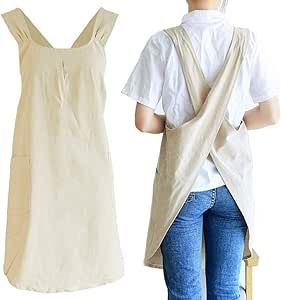 NEWGEM Japanese Linen Cross Back Kitchen Cooking Aprons for Women with Pockets Cute for Baking Painting Gardening Cleaning Khaki Cross Over Apron, Cook Clothes, Back Kitchen, Baking Painting, Branded Aprons, Cooking Aprons, Aprons For Women, Japanese Apron, Cross Back Apron