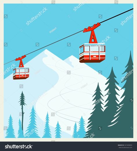 Vintage Winter cartoon background, poster. Red ski Lift Gondolas moving in Snow Mountains #Ad , #Sponsored, #background#poster#Red#Vintage Gondola Illustration, Maze Ideas, Kreativne Ideje, Ski Gondola, Snowboard Art, Trippy Cartoon, Snow Vector, Mountain Winter, Winter Cartoon