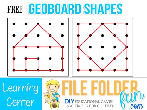 Download Resource Contents:  This game includes printable 5x5  geoboard patterns and shapes for children to recreate.  A geoboard is an excellent tool for teaching little ones begining geometry ski... Geo Board Activities, Geo Board Shape Cards Free, Geoboard Shape Cards Free, Free Geoboard Printables, Geoboard Task Cards Free, Perimeter Games, Math Shapes, Geo Board, Task Cards Free