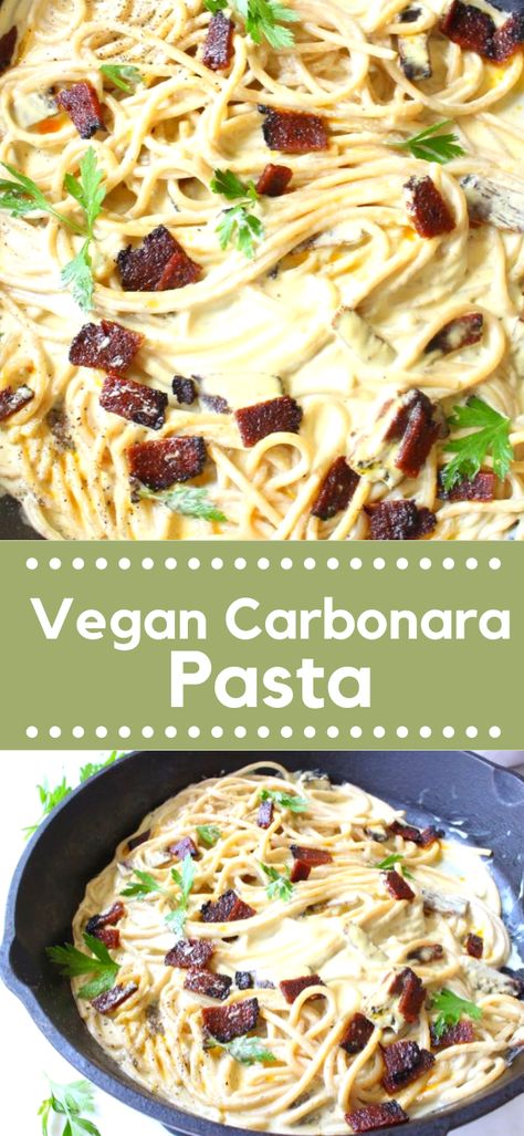 Vegan Carbonara sauce recipe made with cashews, spices, vegan sietan bacon and black salt or Kala Namak for the ultimate Carbonara flavor. Vegan Pancetta, Vegan Carbonara Sauce, Cabonara Recipes, Vegan Carbonara Pasta, Carbonara Sauce Recipe, Seitan Bacon, Vegan Carbonara, Veggie Society, Kala Namak