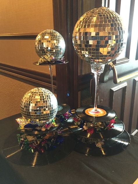 Music Awards Party Theme, Music Theme Party Decorations Ideas, Music Themed 40th Birthday Party, 70s Themed Centerpieces, Disco Theme Party Centerpieces, 1980s Centerpieces, 70s Disco Theme Party Decorations, Disco Theme Centerpieces, 70s Themed Birthday Party Decorations