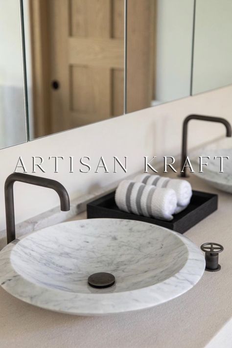 Carrara Marble Sink in a modern neutral style primary bathroom. Vessel style design for the sink. Marble Bathroom Sink, Marble Vessel Sink, Dark Emperador, Emperador Marble, Sink Ideas, Marble Sink, Primary Bathroom, Marble Sinks, Marble Vanity