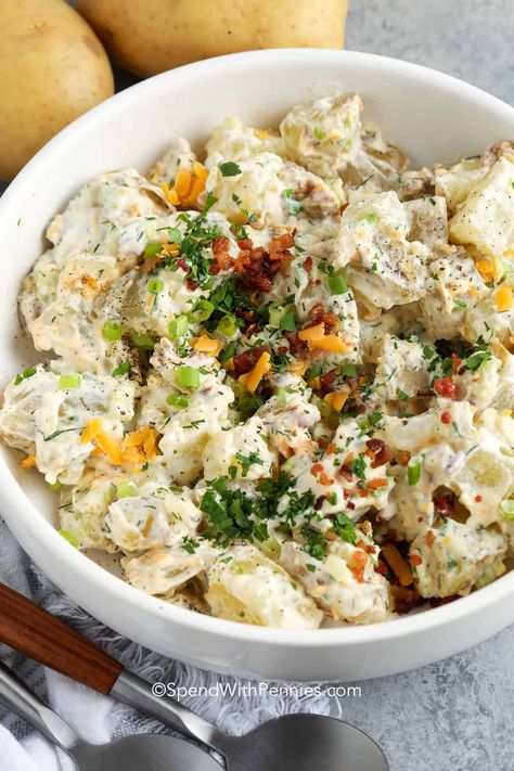 It won't take long for the whole family to fall in love with this potato salad with bacon recipe. It is so easy to toss this recipe together. Prepare the potatoes, mix them with some onion and celery and then toss with a creamy dressing made from sour cream and mayo. Top with some bacon bits, and the best side dish is made. #potatosaladwithbacon #potatosalad #potatosaladrecipe #spendwithpennnies Potato Salad With Sour Cream, Bacon Potato Salad Recipe, Salad With Sour Cream, Potato Salad With Bacon, Bacon Pasta Salad, Cucumber Feta Salad, Potatoe Salad, Classic Pasta Salad, Classic Potato Salad