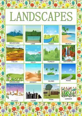 Poster - Landscapes Reading Homework, Esl Printables, Vocabulary Exercises, Forest Waterfall, Comparative Adjectives, Drawing Ideas List, Picture Dictionary, Lake Landscape, Teaching Jobs