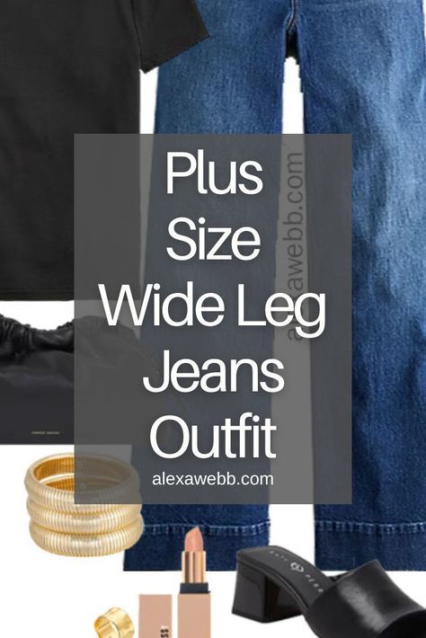 How to Wear Plus Size Wide Leg Jeans - A plus size casual outfit idea with wide leg jeans and a black fitted tee. Alexa Webb Best Pants For Curvy Women, Wide Leg Jeans Outfit Plus Size, Wide Leg Pants Outfit Plus Size, Plus Size Wide Leg Pants Outfit, Plus Size Wide Leg Jeans, Wide Leg Jeans Winter, How To Wear Wide Leg Jeans, Wide Leg Jeans Plus Size, Loose Jeans Outfit