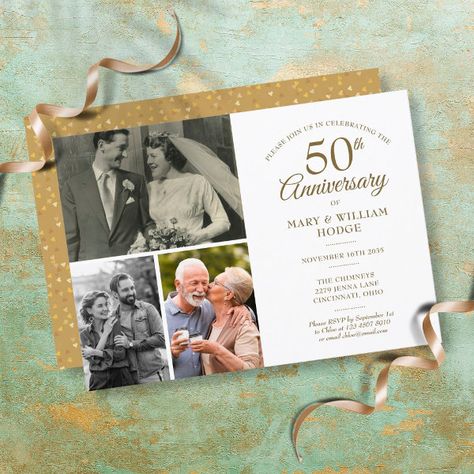 50th Anniversary Gold Heart Confetti 3 Photo Invitation 50th Anniversary Invitations, Cars Birthday Party Decorations, 50 Golden Wedding Anniversary, Anniversary Party Invitations, Wedding Anniversary Celebration, Gold Typography, Golden Wedding Anniversary, Heart Confetti, Wedding Anniversary Invitations