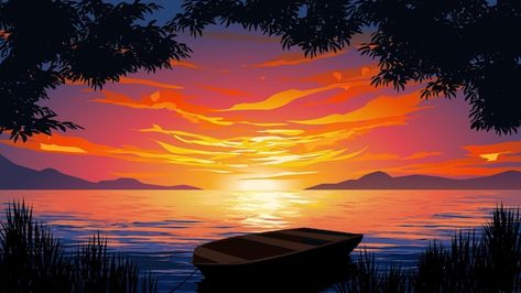 Dusk Drawing, Foreground Middleground Background, Sunrise Background, Boat Vector, Sunset Scenery, Blue Background Wallpapers, Vector Nature, Mughal Art, Steel Paint