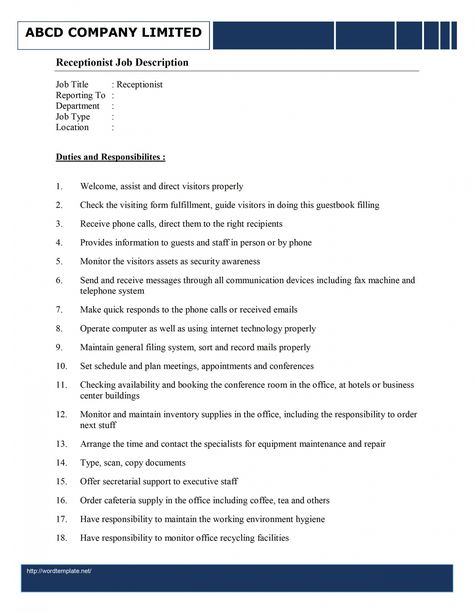 receptionist job description template receptionist job description template Business Case Template, Medical Receptionist, Receptionist Jobs, Job Description Template, Business Plan Template Free, Healthcare Jobs, Docs Templates, Business Letter, Personal Celebration