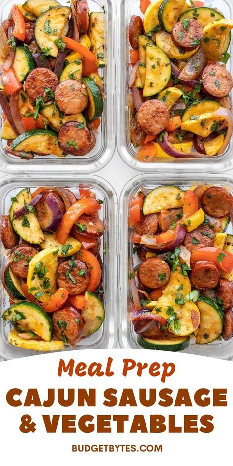 This simple Cajun Sausage and Vegetables meal prep is a fast, easy, flavorful, and delicious way to get your daily dose of vegetables! BudgetBytes.com Cajun Sausage Meal Prep, Smoked Sausage Meal Prep, Sausage Meal Prep Recipes, Nurse Meal Prep Ideas, Veggie Meal Prep Ideas, Meal Prep Blackstone, Cajun Sausage And Veggies, Meal Prep Nurses, Nursing Meal Prep