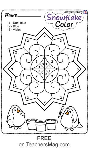 Snowflake Color. Color the snowflakes in a color-by-number method. Winter Color By Number Free, Snowflake Worksheet, Snowflake Printables, January Themes, Arrow Crafts, Snowflake Coloring Pages, Color Worksheet, Preposition Worksheets, Dot To Dot Printables