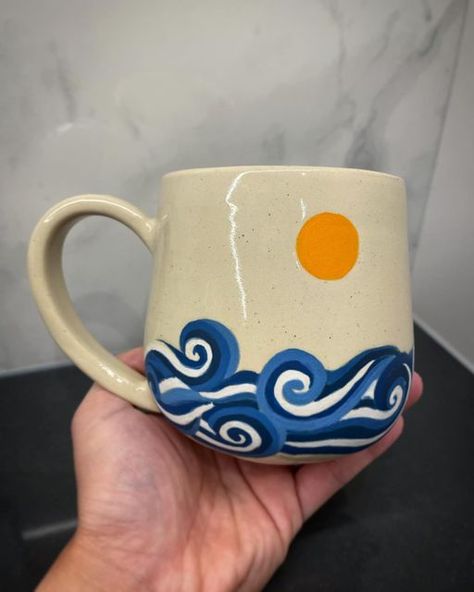 Wave Pottery Painting, Men’s Pottery Painting, Ceramic Art Ocean, Pottery Painting Gift Ideas, Pottery Painting Waves, Ocean Mug Ceramics, Paint It Yourself Pottery, Pottery Mug Designs Painted, Diy Mugs Designs