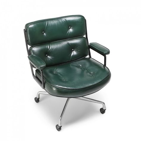 For sale: Eames Time Life Lobby Chair EA108 In Green Leather, 1960s Mid Century Modern Desk Chair, Green Leather Chair, Eames Office Chair, Tan Leather Chair, Midcentury Interior, Leather Chaise Lounge Chair, Modern Desk Chair, Mad Men Style, Lobby Seating