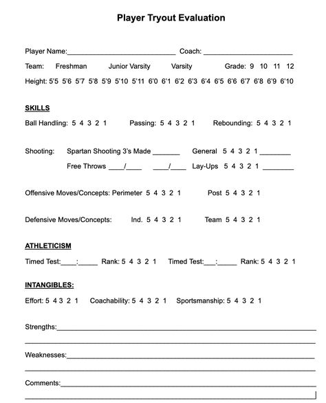 Individual Player Evaluation Tryout Form Basketball Tryout Evaluation Form, Softball Tryout Evaluation Form, Volleyball Tryout Evaluation Form, Basketball Things, Basketball Practice Plans, Basketball Tryouts, Volleyball Tryouts, Basketball Ideas, Basketball Coaching