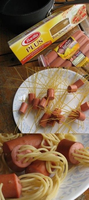 The adult in me is completely grossed out. The kid in me thinks this is genius. Hot Dog Spaghetti, Hot Dog Recipes, God Mat, Toddler Snacks, Snacks Für Party, Kids Recipes, Dog Recipes, Fun Kids Food, Food Tips