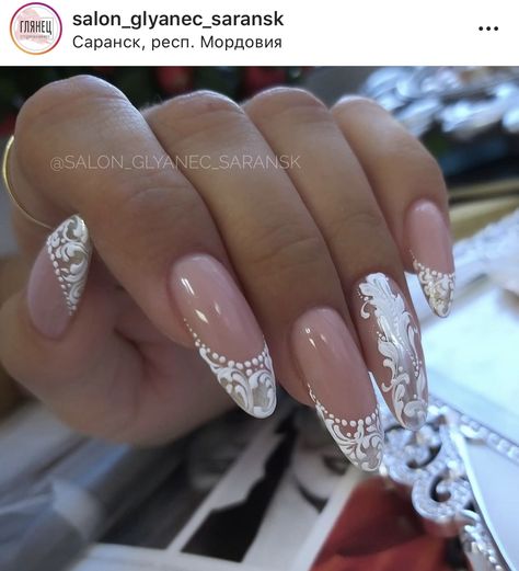 Beautiful Wedding Nails Brides, Off White Wedding Sets With Intricate Embroidery, Lace Bridal Nails, Lace French Nails, Lace Bridal Nails Wedding, Lace Nails Wedding, Lace French Tip Nails, Lace Nails Designs, Lace Nail Design Wedding