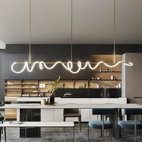 Long Strip LED Island Light Gold Modern Style Simplicity Hanging Light for Living Room Island Lights Cabin Lighting Ideas, Spain Kitchen, Dinning Room Art, Dining Lights, Condo Inspiration, Modern Living Room Lighting, Rope Chandelier, Lighting Dining Room, Long Chandelier