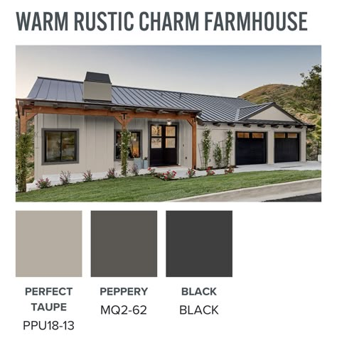 Exterior House Colors Ranch Style Home, Dark Brown Metal Roof House Colors, Taupe And Black House Exterior, Taupe Barndominium Exterior, White And Brown Exterior House, Cream Brown Black House Exterior, Taupe And Black House Paint Combinations Exterior Colors, Dark Brown Ranch House Exterior, Modern Ranch Style Homes Exterior