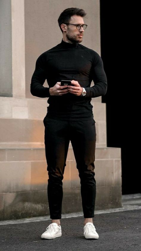 Masculine Men Outfit, Black Pants Outfit Men, Outfit Herren, Detective Outfit, Social Clothes, Black Pants Outfit, Black Outfit Men, High Neck Shirts, Mens Business Casual Outfits