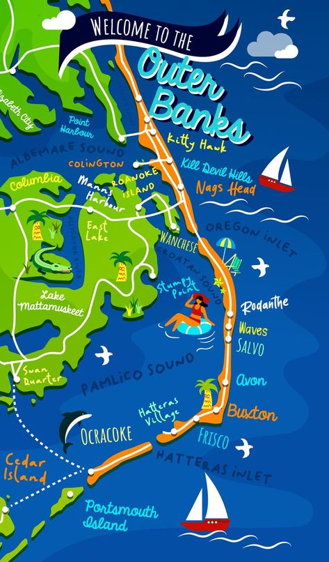 Outer Banks Map, North Carolina Outer Banks, Obx Nc, Roanoke Island, North Carolina Map, Outer Banks Beach, Ocracoke Island, East Coast Road Trip, Outer Banks North Carolina