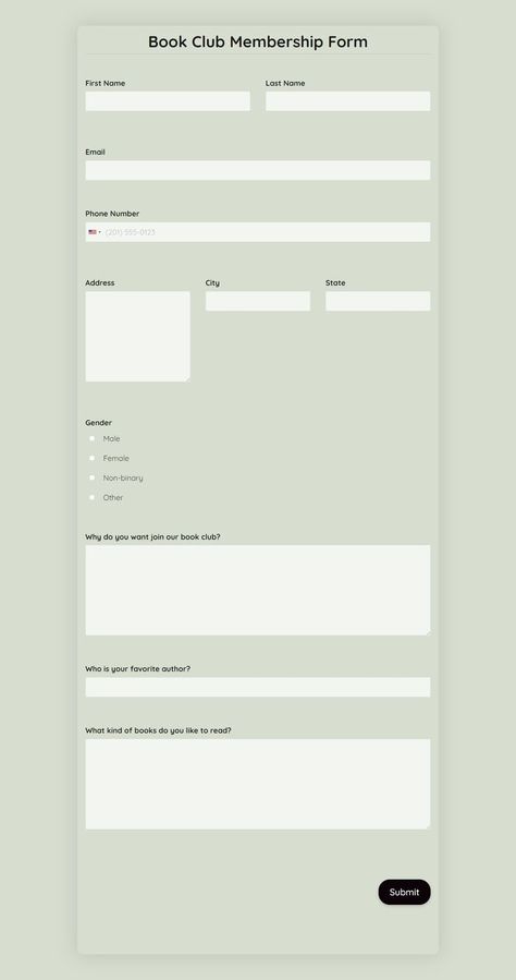 The book club membership form can be used to allow individuals become members of a book club. Individuals can fill out their personal information, favourite authors, genres, and so on. Members' information can be stored with the secure Formplus storage Membership Form, The Book Club, Form Template, Online Form, Favorite Authors, The One And Only, Book Club Books, One And Only, Book Club