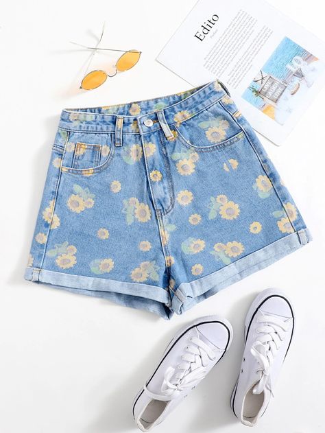 Sunflower Print Rolled Cuff Denim Shorts | SHEIN USA Sunflower Shorts, Pastel Shorts, Women Denim Shorts, Flower Jeans, Cuffed Denim Shorts, Pastel Outfit, Flower Shorts, The Sunflower, Shorts Denim