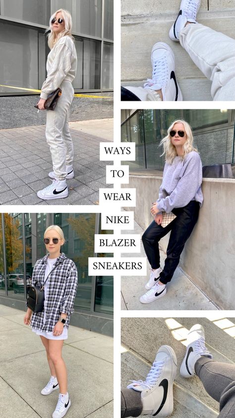 Nike blazer sneakers on person outfit ideas for sneakers High Tops Sneakers Outfit, Casual Nike Sneakers, Nike Blazer Mid 77 Woman, High Top Nike Shoes Outfit, Fall Fits With Nike Blazers, 77 Blazers Shoes Outfit, Nike Mids Outfit, How To Style Nike Shoes Women, Women Nike Blazer Mid 77 Outfit