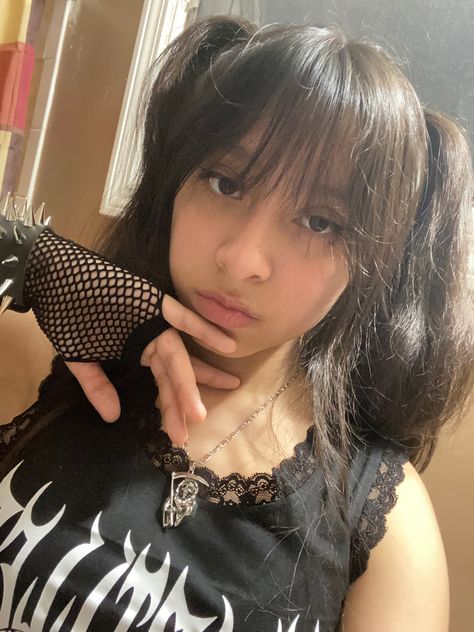 #emo #aesthetic #emogirl #ximyscoffin #black #pigtails Cute Messy Pigtails, Black Hair Pigtails, Black Pigtails, High Pigtails, Kawaii Emo, Emo Aesthetic, Shaggy Hair, Pigtail Hairstyles, Emo Hair