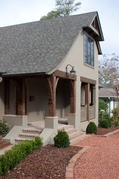 Dark Stucco Exterior, Dark Stucco Exterior House, Front Porch Elevation, Exterior Stucco, Sutton House, Stucco Colors, Oak Beams, Stucco Finishes, Tudor Cottage