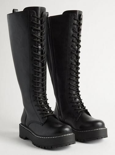 Combat Knee Boot (WW), BLACK Wide Calf Knee-high Leather Combat Boots, Black Knee-high Faux Leather Combat Boots, Black Knee-high Lace-up Boots Medium Width, Black Knee-high Combat Boots With Reinforced Heel, Tall Combat Boots, Black Knee-high Combat Boots Medium Width, Knee High Combat Boots, Mini Skirt Style, Disney Leggings